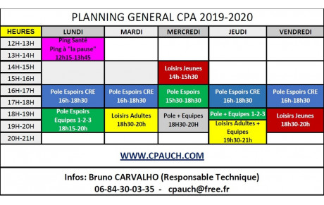 Créneaux  d’entraînements 2019-2020